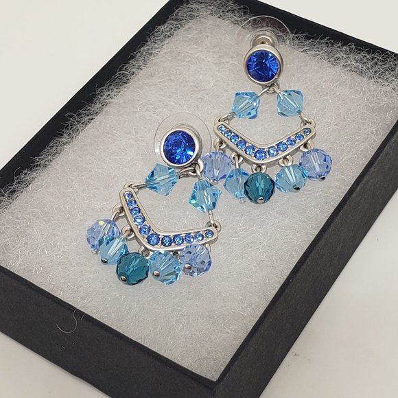 Swarovski Crystal Blue Chandelier Dangle Drop Silver Post Earrings - Picture 9 of 12